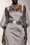Silver A Line Square Neck Holiday Party Dress with Sash