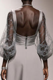 Silver A Line Square Neck Holiday Party Dress with Sash