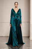 Long Sleeve Satin A Line Peacock Green Holiday Party Dress