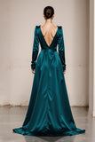 Long Sleeve Satin A Line Peacock Green Holiday Party Dress