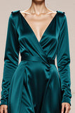 Long Sleeve Satin A Line Peacock Green Holiday Party Dress
