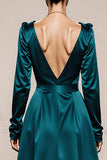 Long Sleeve Satin A Line Peacock Green Holiday Party Dress