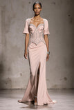 Light Pink Beaded Holiday Party Dress with Slit