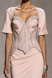 Light Pink Beaded Holiday Party Dress with Slit