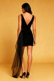 Velvet Bodycon V Neck Little Black Dress with Streamer