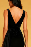 Velvet Bodycon V Neck Little Black Dress with Streamer