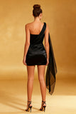 One Shoulder Satin Bodycon Little Black Dress with Streamer