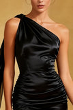 One Shoulder Satin Bodycon Little Black Dress with Streamer