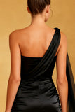 One Shoulder Satin Bodycon Little Black Dress with Streamer