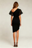 Bodycon Ruffled Asymmetrical Neck Little Black Dress