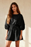 Round Neck 3/4 Sleeve Little Black Dress with Sash