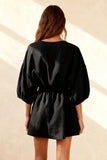 Round Neck 3/4 Sleeve Little Black Dress with Sash