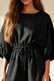Round Neck 3/4 Sleeve Little Black Dress with Sash