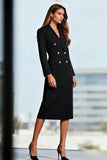 Black Long Sleeve Peaked Lapel Sheath Midi Work Dress