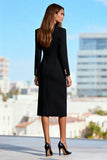 Black Long Sleeve Peaked Lapel Sheath Midi Work Dress