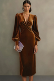 Velvet Cabernet Long Sleeve Sheath Midi Formal Dress