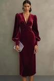 Velvet Cabernet Long Sleeve Sheath Midi Formal Dress