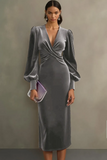 Velvet Cabernet Long Sleeve Sheath Midi Formal Dress