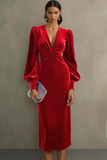 Velvet Cabernet Long Sleeve Sheath Midi Formal Dress