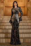 Sparkly Black Golden Long Sleeve Mermaid Formal Dress