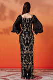 Black Golden Long Sleeve Sheath Appliqued Formal Dress