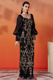 Black Golden Long Sleeve Sheath Appliqued Formal Dress