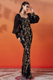 Black Golden Long Sleeve Sheath Appliqued Formal Dress