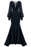 Mermaid Long Sleeve Embroidered Black Formal Dress