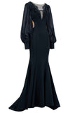 Mermaid Long Sleeve Embroidered Black Formal Dress