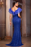 Royal Blue Mermaid V-Neck Formal Dress with Ruffles
