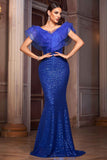 Royal Blue Mermaid V-Neck Formal Dress with Ruffles