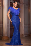 Royal Blue Mermaid V-Neck Formal Dress with Ruffles