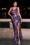 Purple Spaghetti Straps Sheath Appliqued Formal Dress