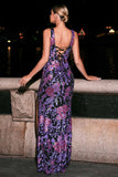 Purple Spaghetti Straps Sheath Appliqued Formal Dress
