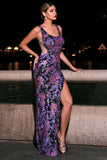 Purple Spaghetti Straps Sheath Appliqued Formal Dress