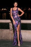 Purple Spaghetti Straps Sheath Appliqued Formal Dress