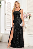 Sparkly Black Spaghetti Straps A Line Appliqued Formal Dress