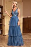 Grey Blue Tiered Spaghetti Straps A Line Formal Dress