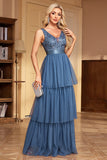 Grey Blue Tiered Spaghetti Straps A Line Formal Dress