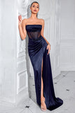 Navy Strapless Sheath Corset Ruched Evening Dress