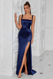 Navy Spaghetti Straps Sheath Formal Dress with Slit