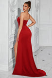 Strapless Mermaid Ruched Red Formal Dress with Slit
