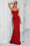 Strapless Mermaid Ruched Red Formal Dress with Slit