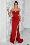 Strapless Mermaid Ruched Red Formal Dress with Slit