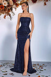 Sparkly Spaghetti Straps Sheath Navy Evening Dress