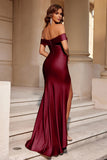 Off the Shoulder Sheath Ruched Burgundy Formal Dress
