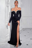 Off the Shoulder Ruched Black Evening Dress with Slit