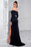 Off the Shoulder Ruched Black Evening Dress with Slit