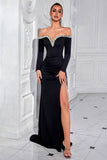Off the Shoulder Ruched Black Evening Dress with Slit