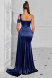 One Shoulder Sheath Satin Navy Formal Dress with Slit